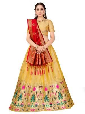 Beige Zari Woven Polyester Semi Stitched Lehenga 1