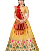 Beige Zari Woven Polyester Semi Stitched Lehenga