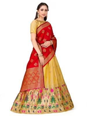 Beige Zari Woven Polyester Semi Stitched Lehenga 2
