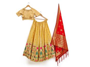 Beige Zari Woven Polyester Semi Stitched Lehenga 3
