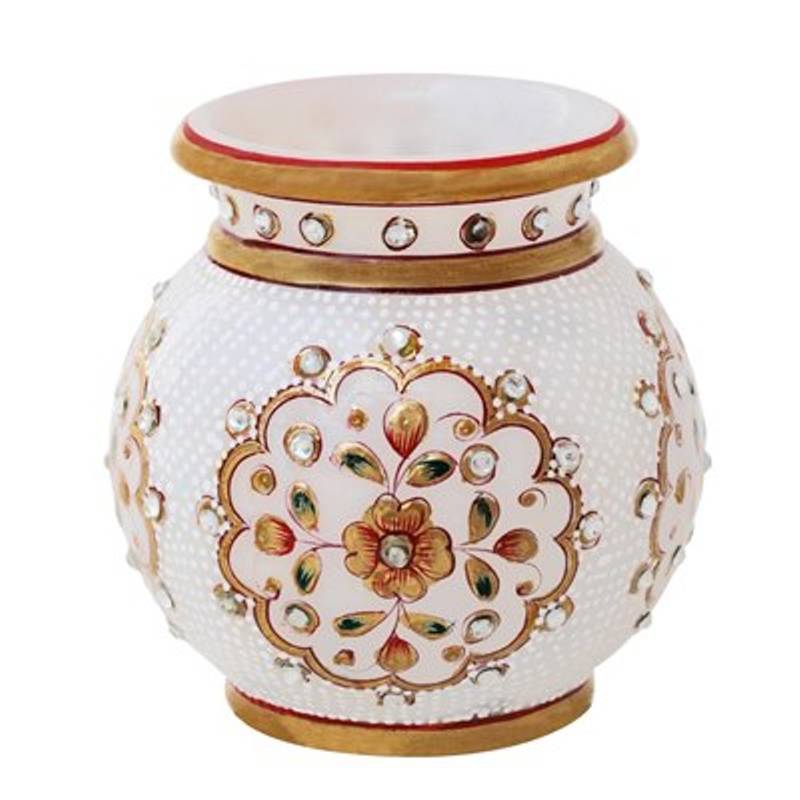 Marble Flower Pot With Gold And Kundan Work