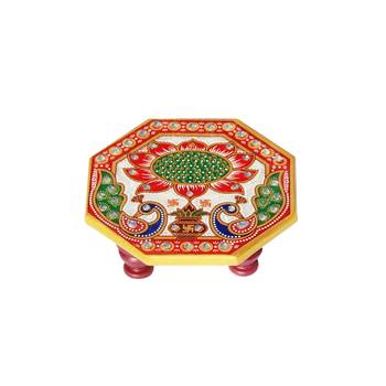 Marble Ocatagonal Puja Chowki painted with Peacock design 1
