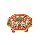 Marble Ocatagonal Puja Chowki painted with Peacock design
