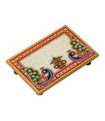 Marble Puja Chowki Rectangle shape with Peacock design and Kalash