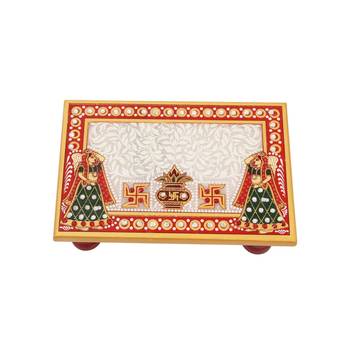 Marble Puja Chowki Rectangle shape with Kalash design 1