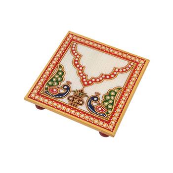 Puja Chowki Square shape in Marble with Peacock design 1