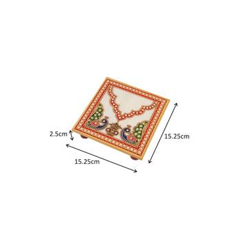 Puja Chowki Square shape in Marble with Peacock design 2