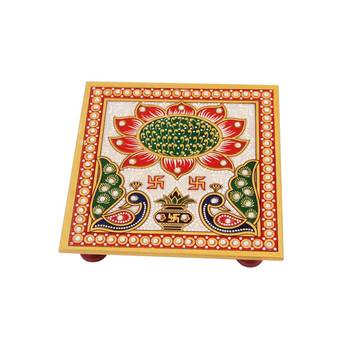 Puja Chowki in Marble with Peacock design 1