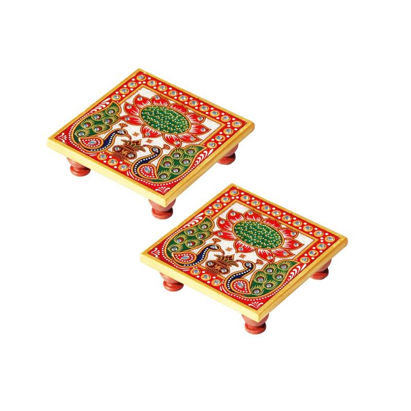Marble Chowki pair with Peacock design Painted