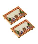 Marble Puja Chowki pair Rectangle shape with Peacock design and Kalash