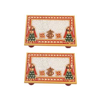 Marble Puja Chowki pair Rectangle shape with Kalash design 2