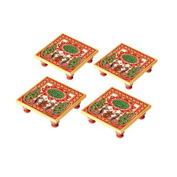 Marble Chowki set of 4 pc with Peacock design Painted 2