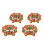Marble Ocatagonal Puja Chowki set of 4 pc painted with Peacock design