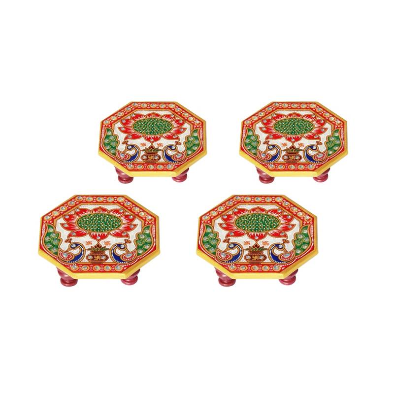 Marble Ocatagonal Puja Chowki set of 4 pc painted with Peacock design
