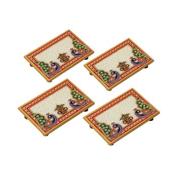 Marble Puja Chowki set of 4 pc Rectangle shape with Peacock design and Kalash 1