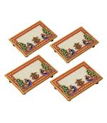 Marble Puja Chowki set of 4 pc Rectangle shape with Peacock design and Kalash
