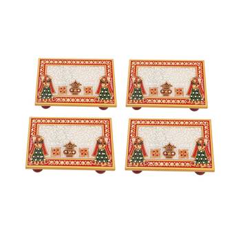 Marble Puja Chowki set of 4 pc Rectangle shape with Kalash design 1