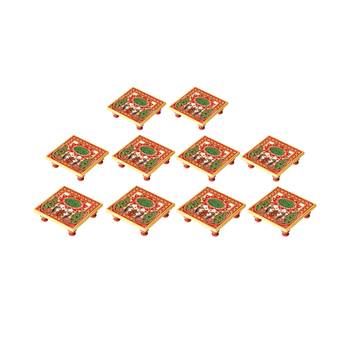 Marble Chowki set of 10 pc with Peacock design Painted 1