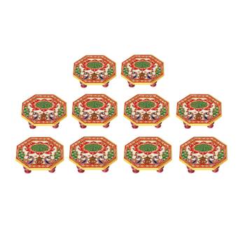 Marble Ocatagonal Puja Chowki set of 10 pc painted with Peacock design 1