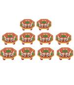Marble Ocatagonal Puja Chowki set of 10 pc painted with Peacock design