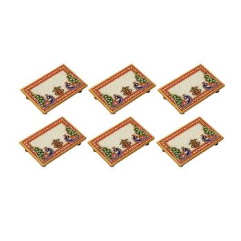 Marble Puja Chowki set of 6 pc Rectangle shape with Peacock design and Kalash 1