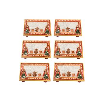 Marble Puja Chowki set of 6 pc Rectangle shape with Kalash design 1
