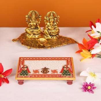 Marble Puja Chowki set of 6 pc Rectangle shape with Kalash design 2