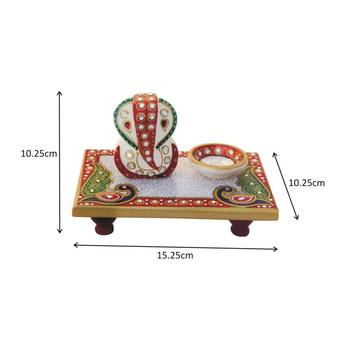 Handicrafts Paradise Marble Chowki Ganesha With Diya And Peacock Motif Painted 1