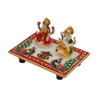 Handicrafts Paradise Marble Pooja Chowki With Resin Laxmi Ganesha 2