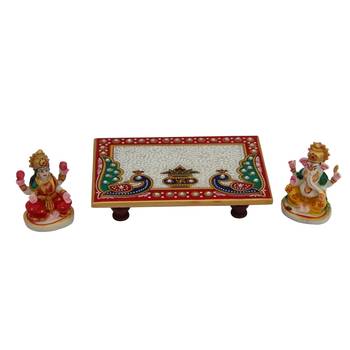 Handicrafts Paradise Marble Pooja Chowki With Resin Laxmi Ganesha 3