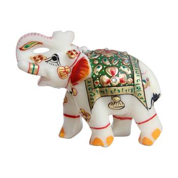 Handicrafts Paradise Marble Elephant Emboss Painting Green Colour 1