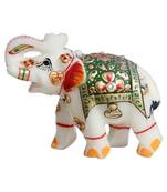 Handicrafts Paradise Marble Elephant Emboss Painting Green Colour