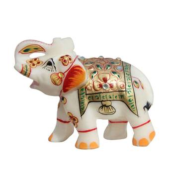 Handicrafts Paradise Marble Elephant Trunk Up Golden Emboss Painting 1