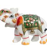 Handicrafts Paradise Marble Elephant Trunk Up Golden Emboss Painting Green Colour