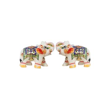 Handicrafts Paradise Pair Of Marble Elephant Emboss Painting Blue Colour 1