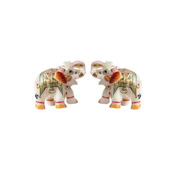 Handicrafts Paradise Pair Of Marble Elephant Emboss Painting Golden Colour 1