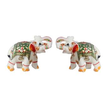 Handicrafts Paradise Pair Of Marble Elephant Emboss Painting Green Colour 1