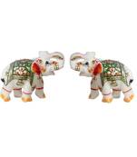 Handicrafts Paradise Pair Of Marble Elephant Emboss Painting Green Colour