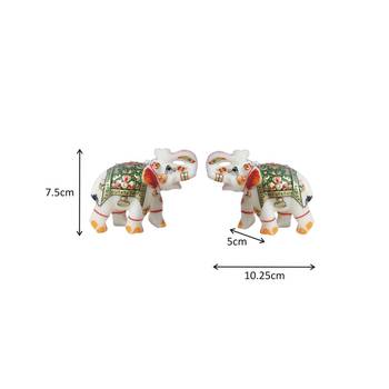 Handicrafts Paradise Pair Of Marble Elephant Emboss Painting Green Colour 2