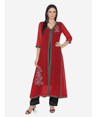 Women Maroon embroidered Flared  Kurta 1