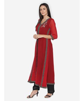 Women Maroon embroidered Flared  Kurta 2