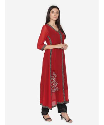 Women Maroon embroidered Flared  Kurta 3