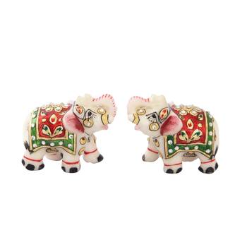 Elephant pair in marble with Meena work in Red color 1