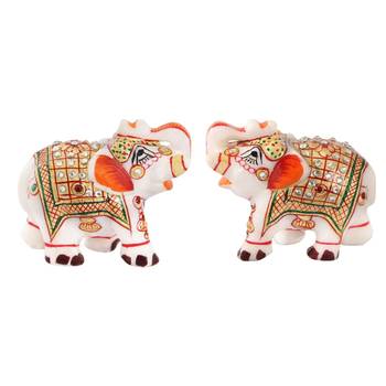 Marble Elephant pair with Kundan work and golden finish 1