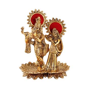 Radha Krishna playing flute standing on lotus shaped base in metal in Antique golden finish 1