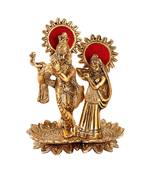 Radha Krishna playing flute standing on lotus shaped base in metal in Antique golden finish