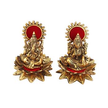 Lakshmi Ganesh seated on lotus gold plated in metal 1