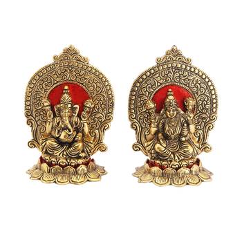Lakshmi Ganesh showpiece in metal with beautiful carving around it seated on lotus 1
