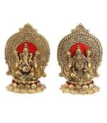 Lakshmi Ganesh showpiece in metal with beautiful carving around it seated on lotus