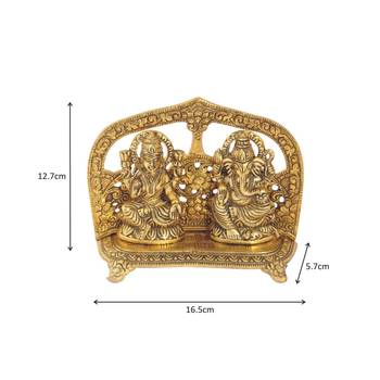 Lakshmi Ganesh gold plated in metal seated with arch at back 2